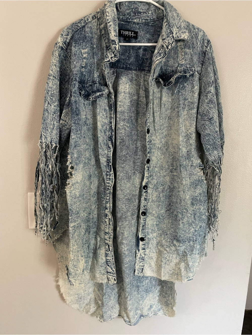 Thrill Jeans Heavily Distressed Acid Washed Thrashed Fringe Denim Shirt 2X